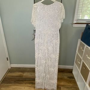 Adrianna Papell Beaded Long Wedding Dress Short Cap Sleeve Size 10 Ivory Cloud